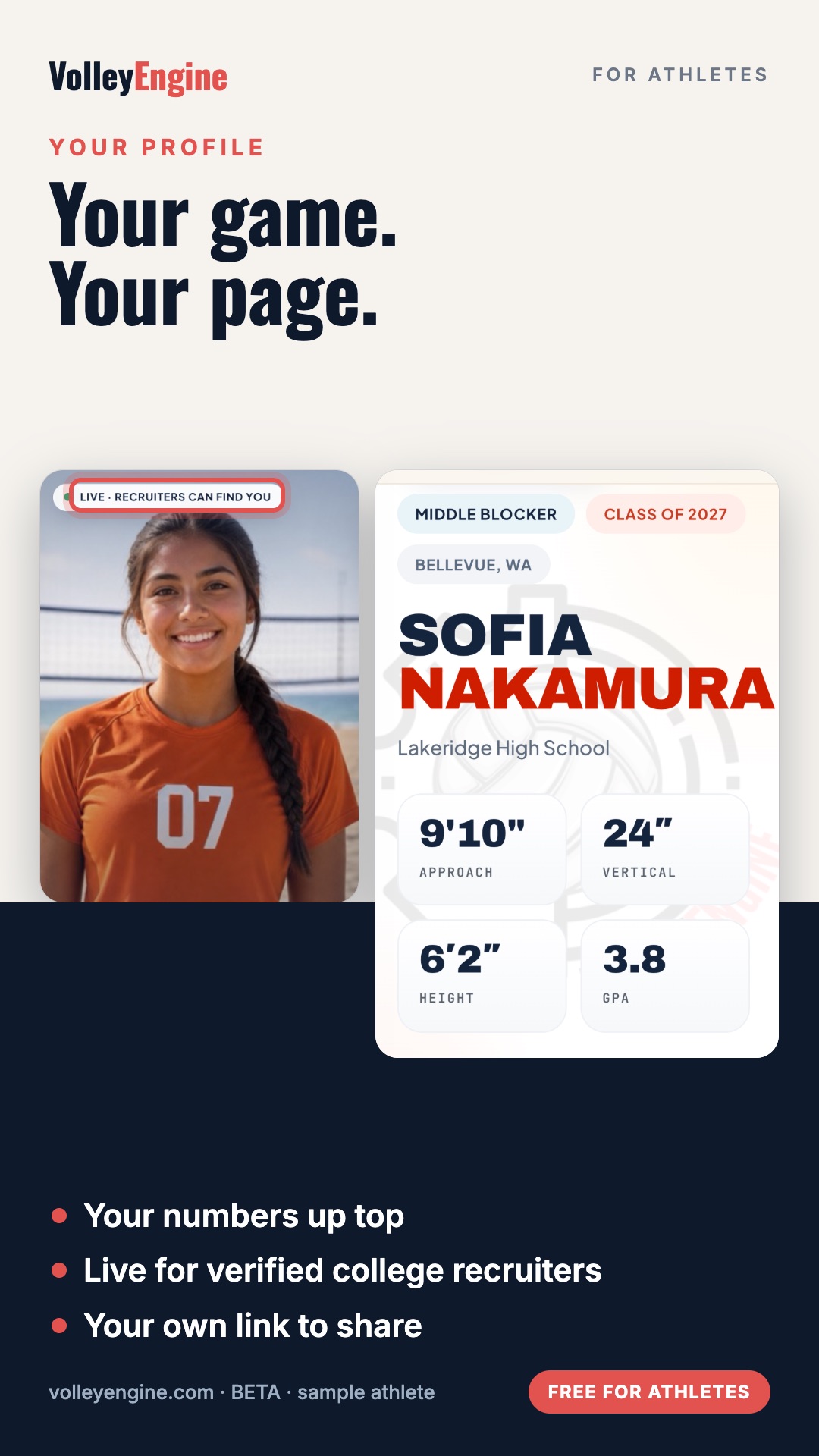 Your profile: your film, your numbers and your story on one page that college recruiters can trust.
