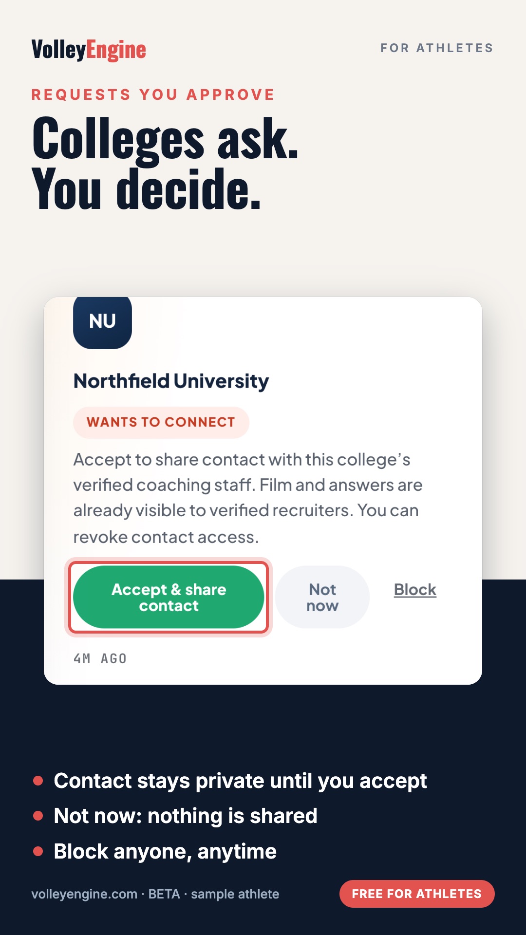 Requests you approve: a college asks for your contact details, and nothing is shared until you accept.